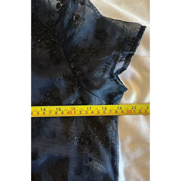 Vintage Dress Navy Black Shimmer floral Sheer Midi Size 14 1/2 Whimsy Fairy Goth - Picture 7 of 8